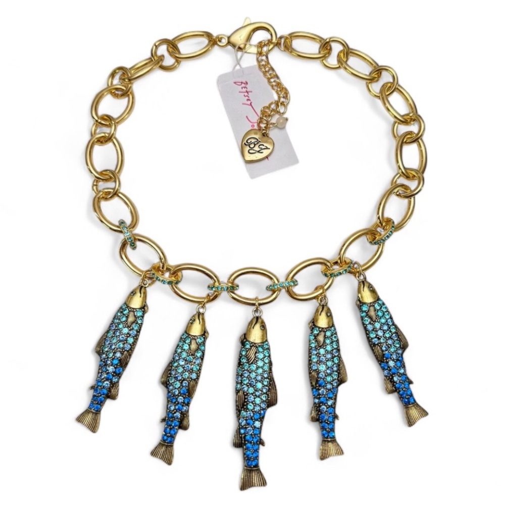 BETSEY JOHNSON Mermaid Jewels Blue Crystal-Studded Fish Charm Bib Necklace NWT